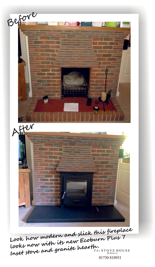 Arada Ecoburn Plus inset 7 Woodburning Insert Stove transformation by The Stove House 01730 810931