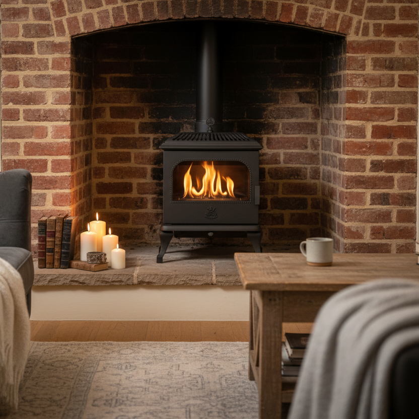 AI generated image of Victoria 85 bioethanol stove shown in a Cosy Brick Fireplace