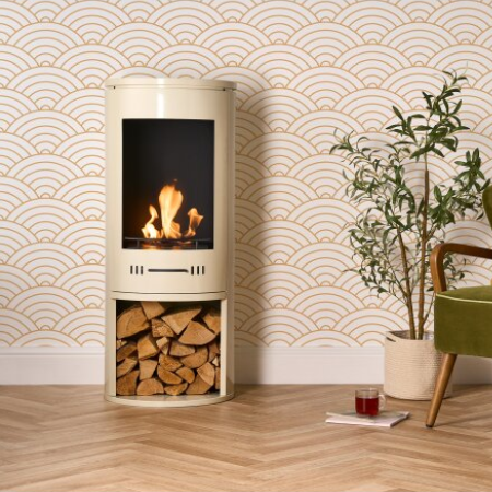 Barilo Cylindrical Bioethanol Stove in Cream that burns bioethanol fuel and means it doesn't need a flue or chimney. Available at The Stove House Ltd. West Sussex.