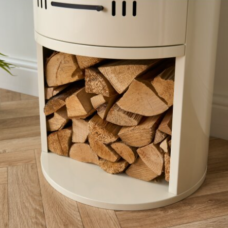 Barilo Cylindrical Bioethanol Stove in Cream that burns bioethanol fuel and means it doesn't need a flue or chimney. Available at The Stove House Ltd. West Sussex.