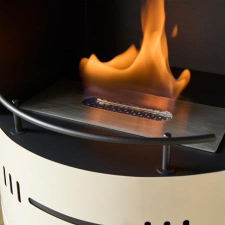 Barilo Cylindrical Bioethanol Stove in Cream that burns bioethanol fuel and means it doesn't need a flue or chimney. Available at The Stove House Ltd. West Sussex.