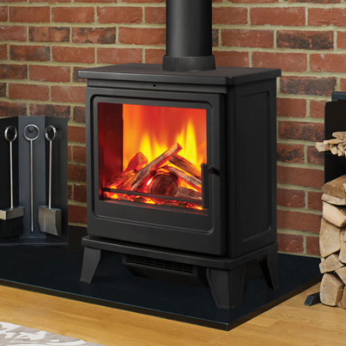 Solution Blackthorn Black Electric Stove Package.  With captivating flame patterns and a real log fuel bed, this 2kW electric stove is at The Stove House Ltd. West Sussex.