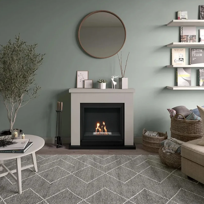 Frode Bioethanol Fireplace Suite - Grey. Crafted from MDF with a sleek grey finish and a 2-litre capacity, providing up to 6 hours of burn time and a heat output of 3 kW, at The Stove House Ltd. West Sussex