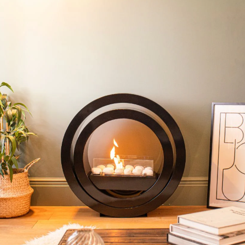 Imagin Fires Globus Black Bioethanol Fire. A Freestanding bioethanol fire with a gorgeous contemporary circular design and no flue required at The Stove House Ltd. West Sussex.