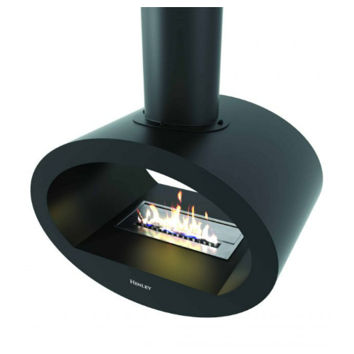 Henley Milan Bioethanol Stove. Mounted from the ceiling with the feeling of a bio fireplace that floats in mid-air. Double-sided contemporary elegance at The Stove House Ltd. West Sussex.