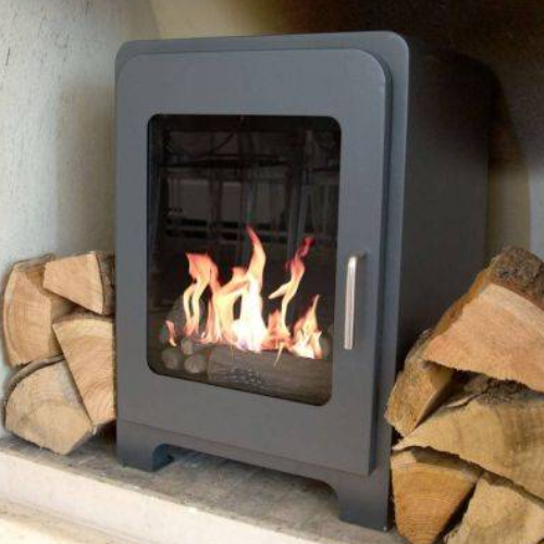 Imagin Fires Moritz small contemporary bioethanol stove in grey finish. No flue required at The Stove House Ltd. West Sussex.