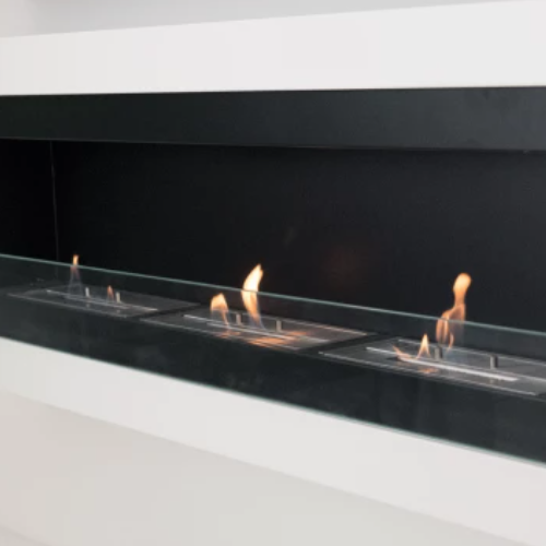 .Large Wall-Mounted Bioethanol Fireplace - Black. 3 outstanding burners, providing up to 4 kW of heat. No chimney or vent required, at The Stove House Ltd., West Sussex.