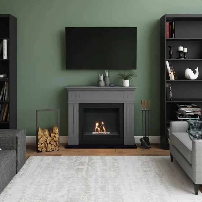 Larsen Bioethanol Fireplace Suite - Grey. A modern bioethanol fireplace in classic grey finish that requires no chimney, perfect for apartments or homes without a fireplace, at The Stove House Ltd. West Sussex