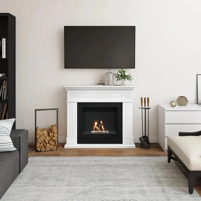 Larsen Bioethanol Fireplace Suite - White. A modern bioethanol fireplace in classic white finish that requires no chimney, perfect for apartments or homes without a fireplace, at The Stove House Ltd. West Sussex