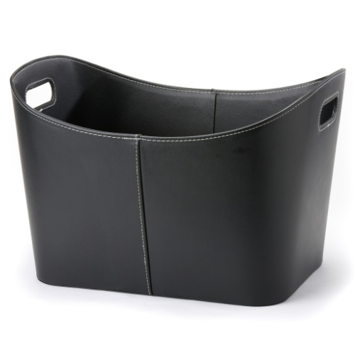 Leather Firewood Basket 55 cm x 40 cm x 35 cm. Elegant firewood basket in imitated black leather with an eye-catching look at The Stove House Ltd. West Sussex.