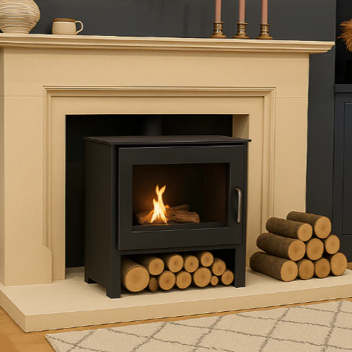 Ledbury Bioethanol Stove. A large bioethanol stove with a log store that does not need a chimney at The Stove House Ltd. West Sussex