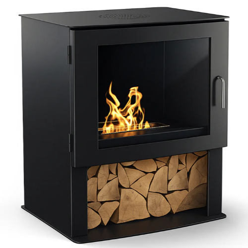 Ledbury Bioethanol Stove. A large bioethanol stove with a log store that does not need a chimney at The Stove House Ltd. West Sussex
