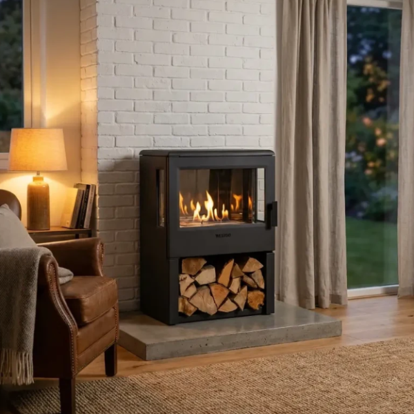 Nobel 75 Freestanding Cast Iron Bioethanol Stove. A modern widescreen freestanding bioethanol fireplace with a 3-sided view of panoramic flames without the need for a chimney, at The Stove House Ltd. West Sussex.