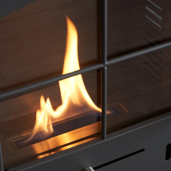 OKO S2 Freestanding Bioethanol Stove in Charcoal grey requires no flue/chimney at The Stove House Ltd. West Sussex.