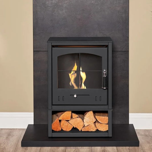 OKO S2 Freestanding Bioethanol Stove with Log Store and Flue Pipe in Charcoal grey requires no flue/chimney at the Stove House Ltd. West Sussex.