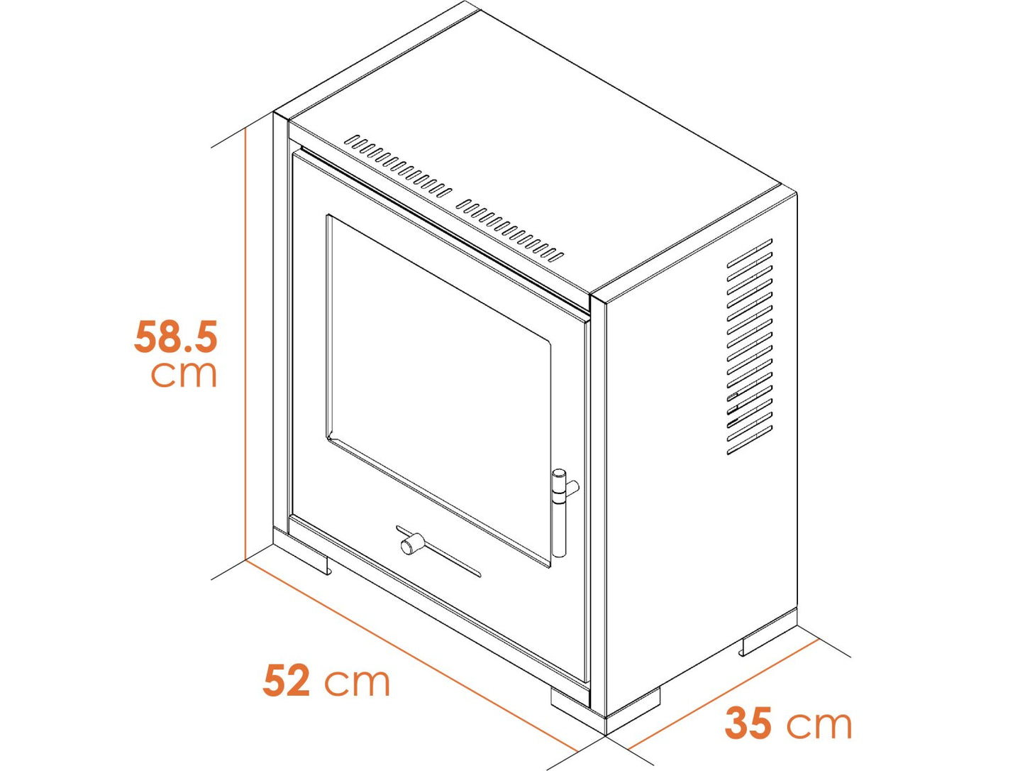 OKO S3 BIOETHANOL STOVE line drawing showing the dimensions of its H x W X D