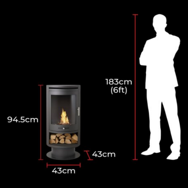 OKO S5 Bio Ethanol Cylinder Stove with Log Storage & Pedestal in Charcoal Grey. A modern cylindrical bio stove with real flames & 3kW output at The Stove House Ltd. West Sussex.