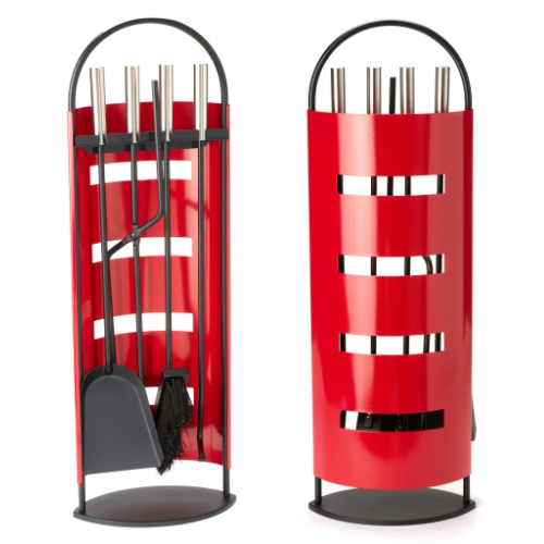 Red 5-Piece Fireplace Companion Set Stainless Steel Handle 56 cm. Elegant fireplace companion set in powder-coated red finish with an eye-catching look at The Stove House Ltd. West Sussex.