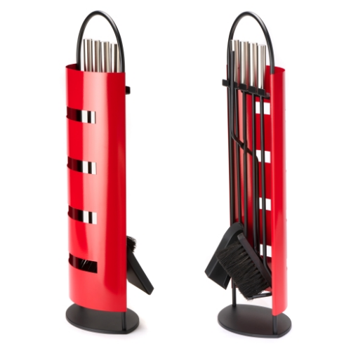 Red 5-Piece Fireplace Companion Set Stainless Steel Handle 56 cm. Elegant fireplace companion set in powder-coated red finish with an eye-catching look at The Stove House Ltd. West Sussex.