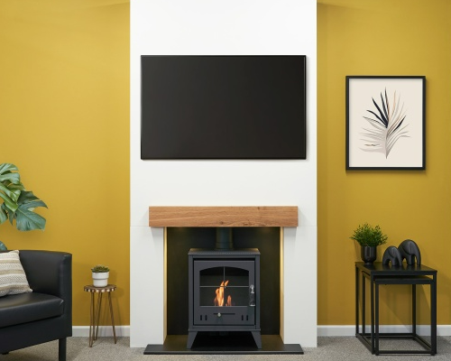 Acantha Pre-Built Media Wall 1 with OKO S2 Bioethanol Stove - Charcoal Grey. OKO S1, OKO S2, OKO S3, OKO S4, OKO S5 at The Stove House Ltd.