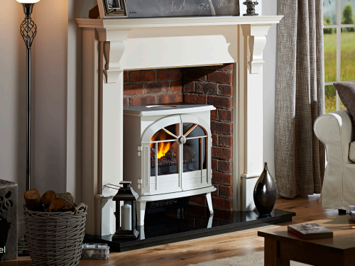 Dimplex Meribel Optimyst Electric Stove. Integrated electric heater which provides up to 2kW of heat in a classic gloss cream finish at The Stove House Ltd. West Sussex