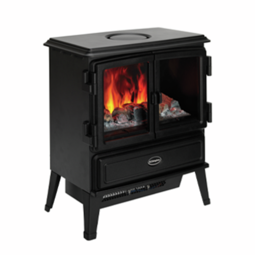Dimplex Oakhurst Optimyst Electric Stove. Integrated heater which provides up to 2kW of heat that can be operated via manual or remote control with a thermostat at The Stove House Ltd. West Sussex.