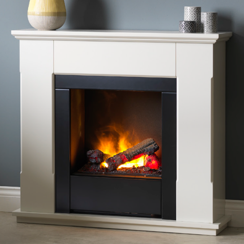 Dimplex Burnham Optimyst Electric Fireplace Suite with a unique Dimplex Optimyst effect in a beautifully finished white surround with thermostat at The Stove House Ltd. West Sussex.