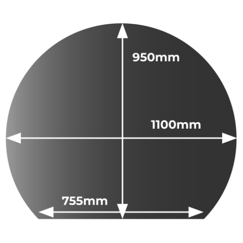 Smoked Truncated Circle Glass Hearth - 1100 mm x 950 mm x 12 mm. Constructed in tempered clear glass for wood and bioethanol stoves at The Stove House Ltd. West Sussex