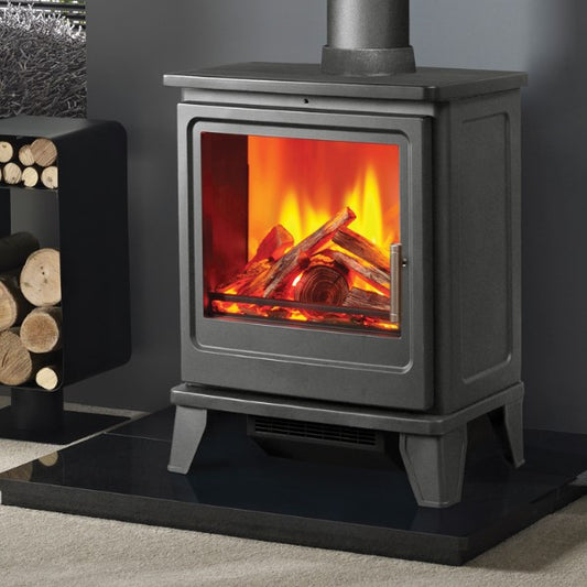Solution Blackthorn Shadow Grey Electric Stove.  With captivating flame patterns and a real log fuel bed, this 2kW electric stove is at The Stove House Ltd. West Sussex.