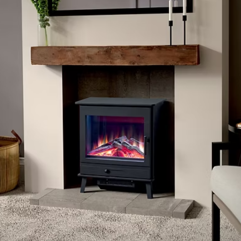 The Toast-e freestanding electric stove features advanced 3D LED holographic projection for modern homes and living, and inset can be controlled with the Smartphone App at The Stove House Ltd. West Sussex.