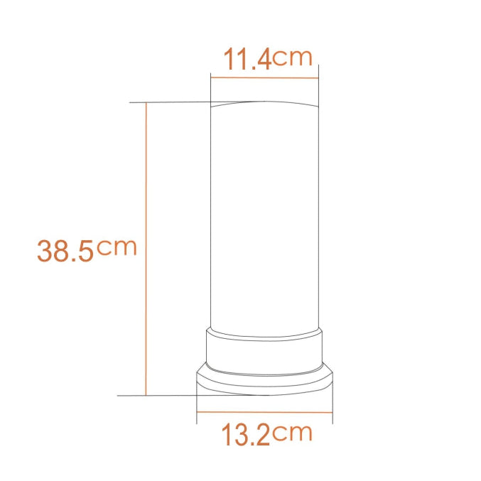 Measurement chart of a cylindrical object with dimensions in centimetres on a white background to sit ontop of a fake stove