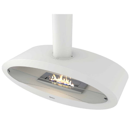 Henley Budapest Bioethanol Stove - White. Mounted from the ceiling with the feeling of a bio fireplace that floats in mid-air. The epitome of contemporary elegance at The Stove House Ltd. West Sussex.