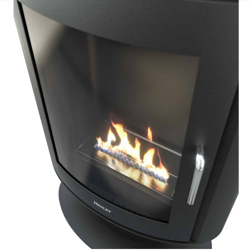 Henley Madrid Bioethanol Stove. A curved design with a pedestal in a black graphite satin finish makes this model modern yet classic at The Stove House Ltd. West Sussex.