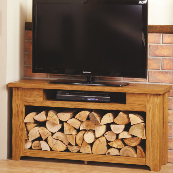 Bespoke Rustic Oak TV Unit with Log Store - The Stove House