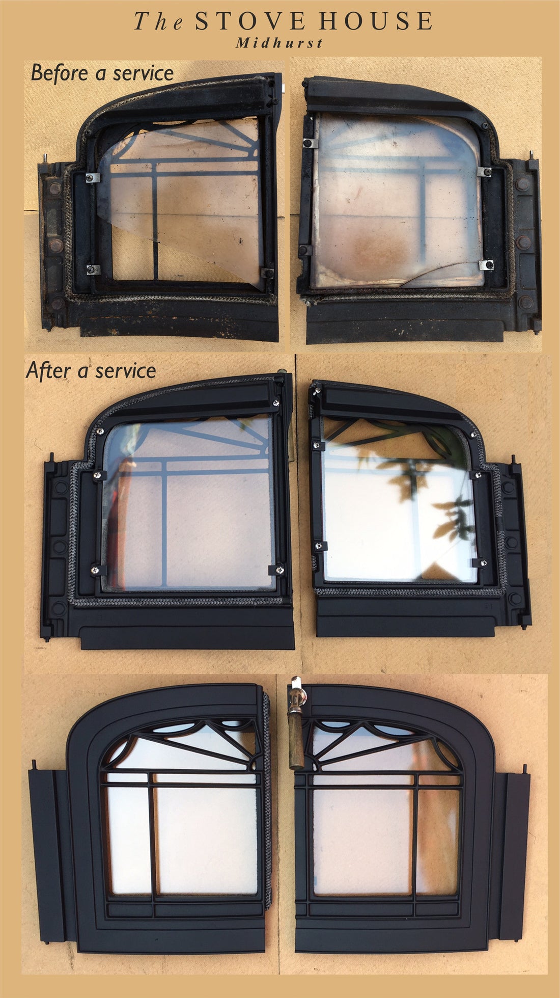 Vermont Castings Stove Door Service / Refurbishment Work by The Stove House your local stove shop between Chichester and Haslemere. 01730 810931