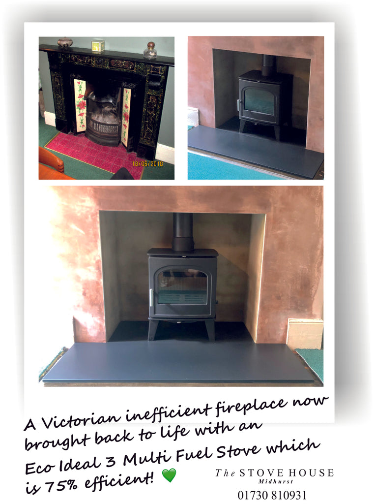 Victorian Fireplace Transformed with an Eco Ideal 3 Stove Supplied and Installed by The Stove House in Midhurst Nr Chichester and Haslemere 01730 810931