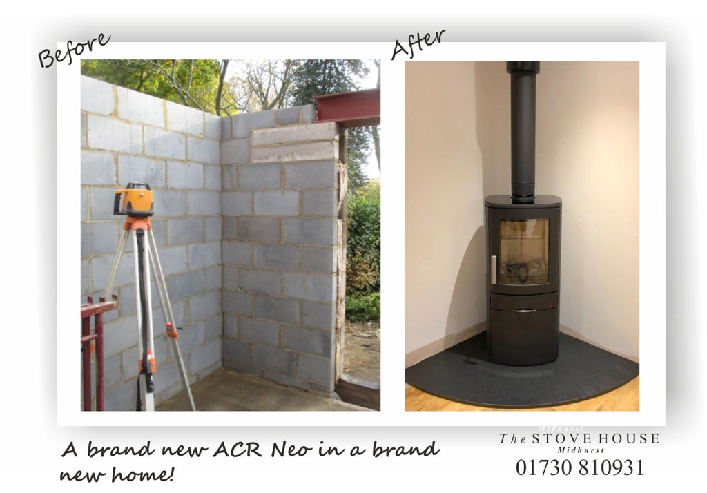 ACR Neo Stove With Black Chimney Flue System & Quadrant Hearth Supplied and installed by The Stove House