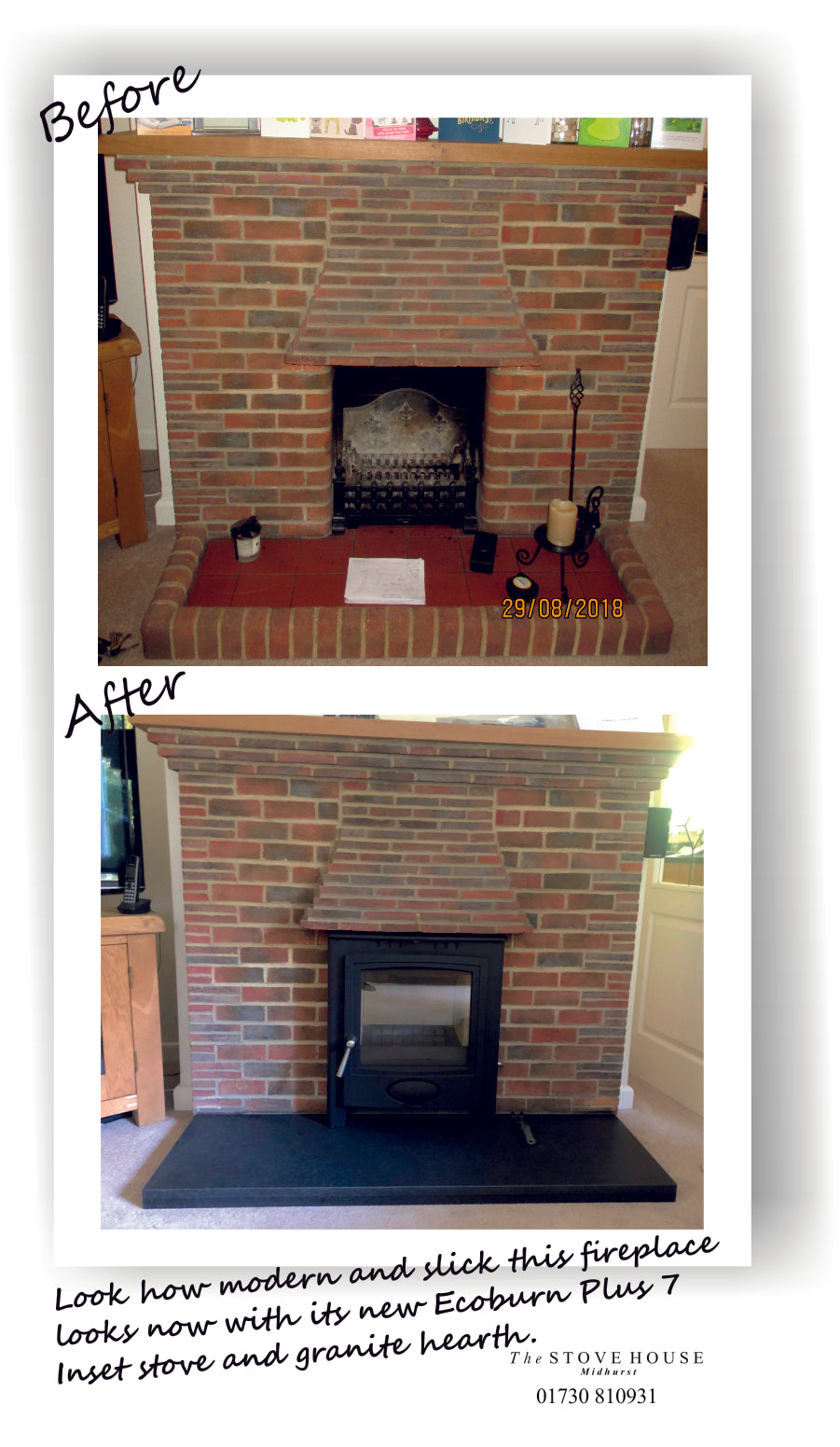 Arada Ecoburn Plus inset 7 Woodburning Insert Stove transformation by The Stove House 01730 810931