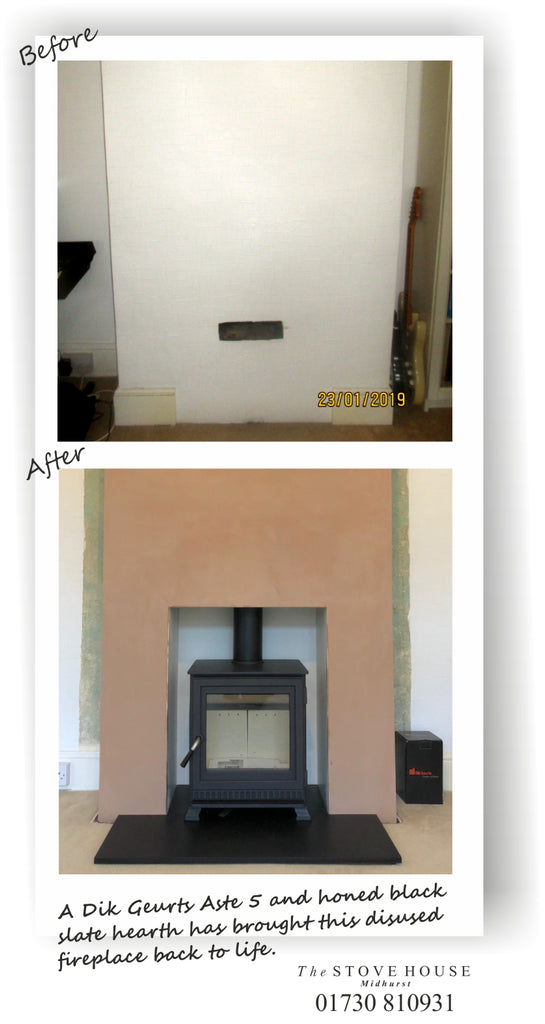 Disused fireplace opened up and a Dik Geurts Aste 5 woodburner installed