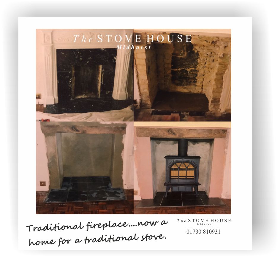 Fireplace Transformation - Cast Iron Stove with Oak Beam