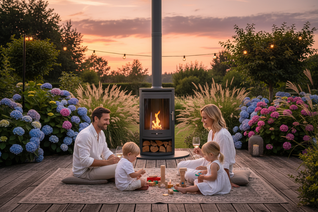 Bioethanol oko S5 outside on decking to give warmth and ambience to your outdoor living space.