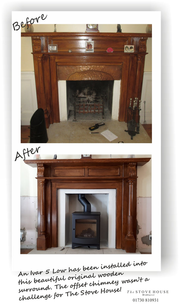 Dik Geurts Ivar 5 Low Woodburning Stove in an amazing old fireplace surround. Before & After shots!