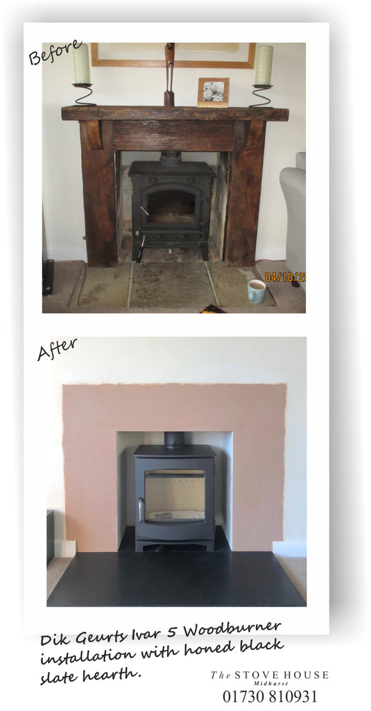 Dik Geurts Ivar 5 Low Woodburning Stove Supplied and installed by The Stove House, between Chichester and Haslemere. 01730 810931