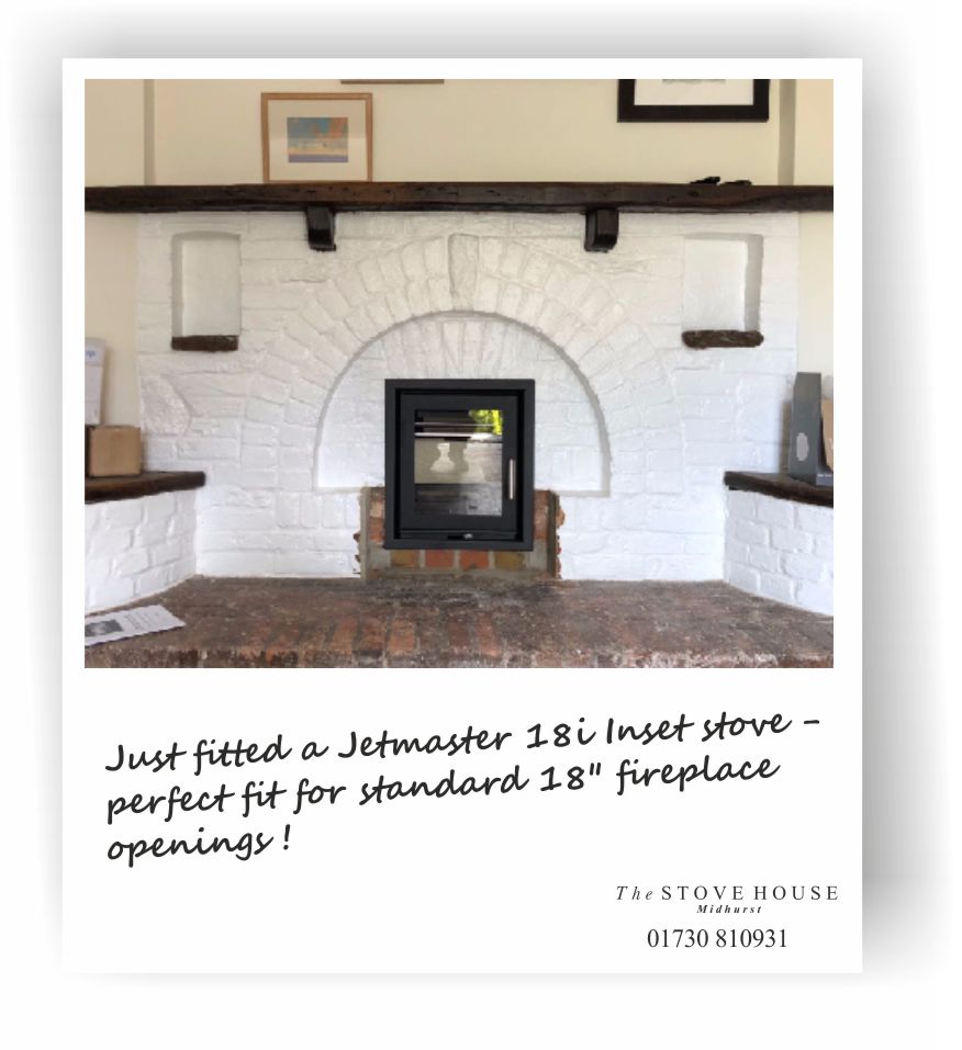 Jetmaster 18i Inset Woodburning Stove Supplied and installed by The Stove House, between Chichester and Haslemere. 01730 810931