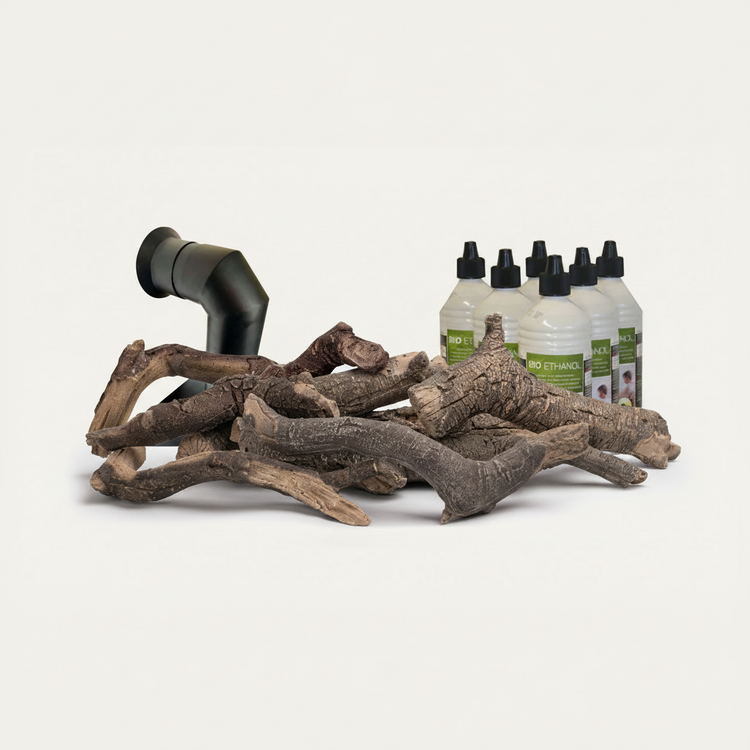 Square collection banner - luxury log set, flue pipe and bioethanol fuel