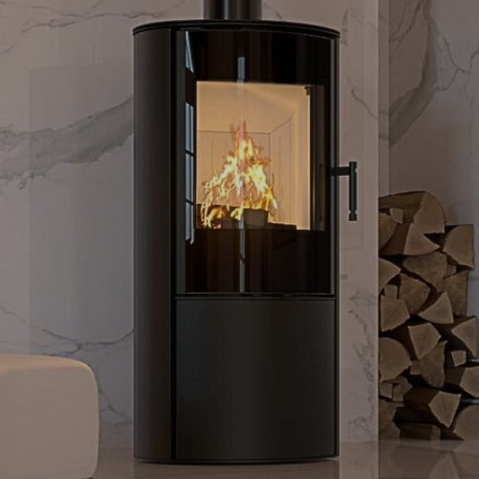ACR Osprey 5 eVe with Log Store Base. With its modern design, enhanced by a beautiful, curved black glass door, all Osprey Stoves are Eco Design Ready & DEFRA approved at The Stove House Ltd. West Sussex.