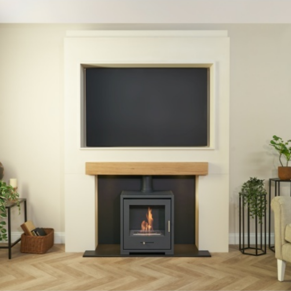 Acantha Pre-Built Stove Media Wall 2 with TV Recess & OKO S3 Bioethanol Stove - Charcoal Grey at The Stove House Ltd. West Sussex.