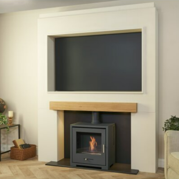 Acantha Pre-Built Stove Media Wall 2 with TV Recess & OKO S3 Bioethanol Stove - Charcoal Grey at The Stove House Ltd. West Sussex.