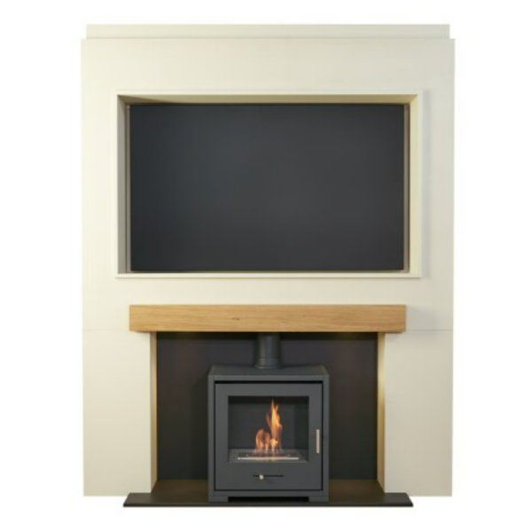 Acantha Pre-Built Stove Media Wall 2 with TV Recess & OKO S3 Bioethanol Stove - Charcoal Grey at The Stove House Ltd. West Sussex.