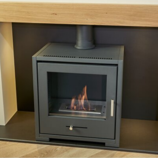 Acantha Pre-Built Stove Media Wall 2 with TV Recess & OKO S3 Bioethanol Stove - Charcoal Grey at The Stove House Ltd. West Sussex.